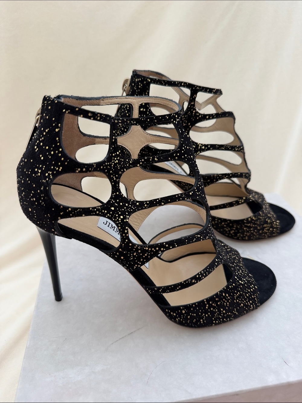 Jimmy Choo Black & Gold Speckled Cutout Stiletto Sandals